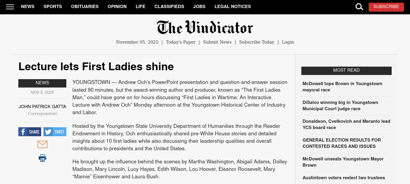 The Vindicator Masthead and Healdine - Lecture Lets First Ladies Shine